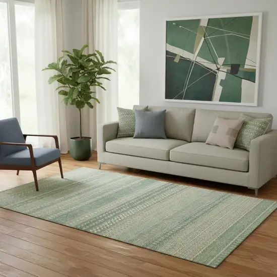 Fern Green And Ivory Striped Washable Area Rug With UV Protection Photo 2