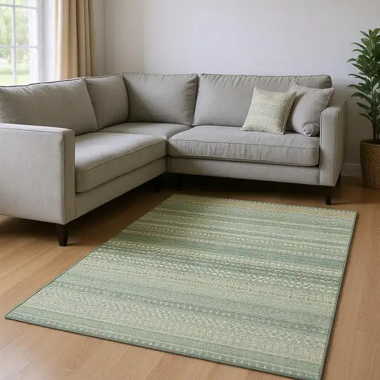 Fern Green And Ivory Striped Washable Area Rug With UV Protection Photo 2