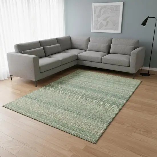 Fern Green And Ivory Striped Washable Area Rug With UV Protection Photo 2