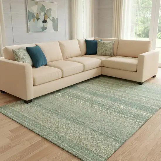 Fern Green And Ivory Striped Washable Area Rug With UV Protection Photo 1