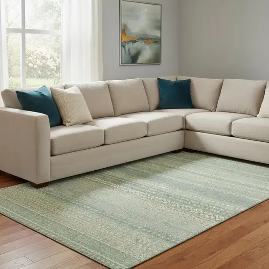 Fern Green And Ivory Striped Washable Area Rug With UV Protection Photo 1