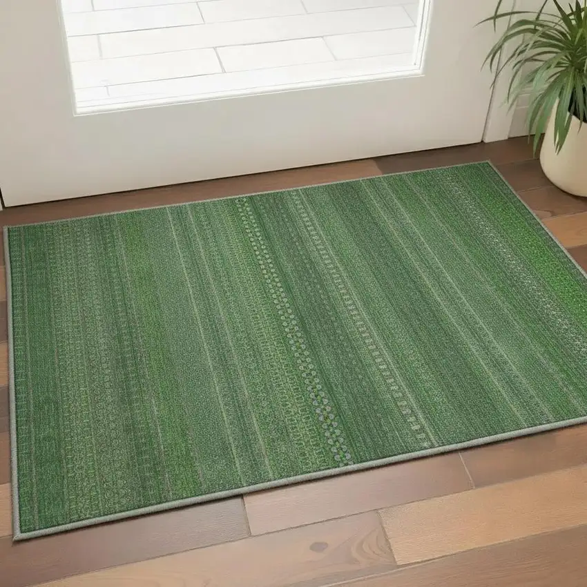 Fern Green And Ivory Striped Washable Area Rug With UV Protection Photo 1