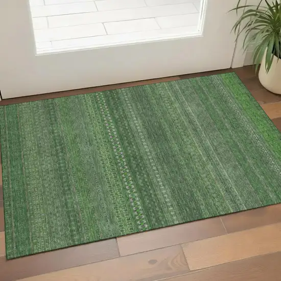 Fern Green And Ivory Striped Washable Area Rug With UV Protection Photo 1