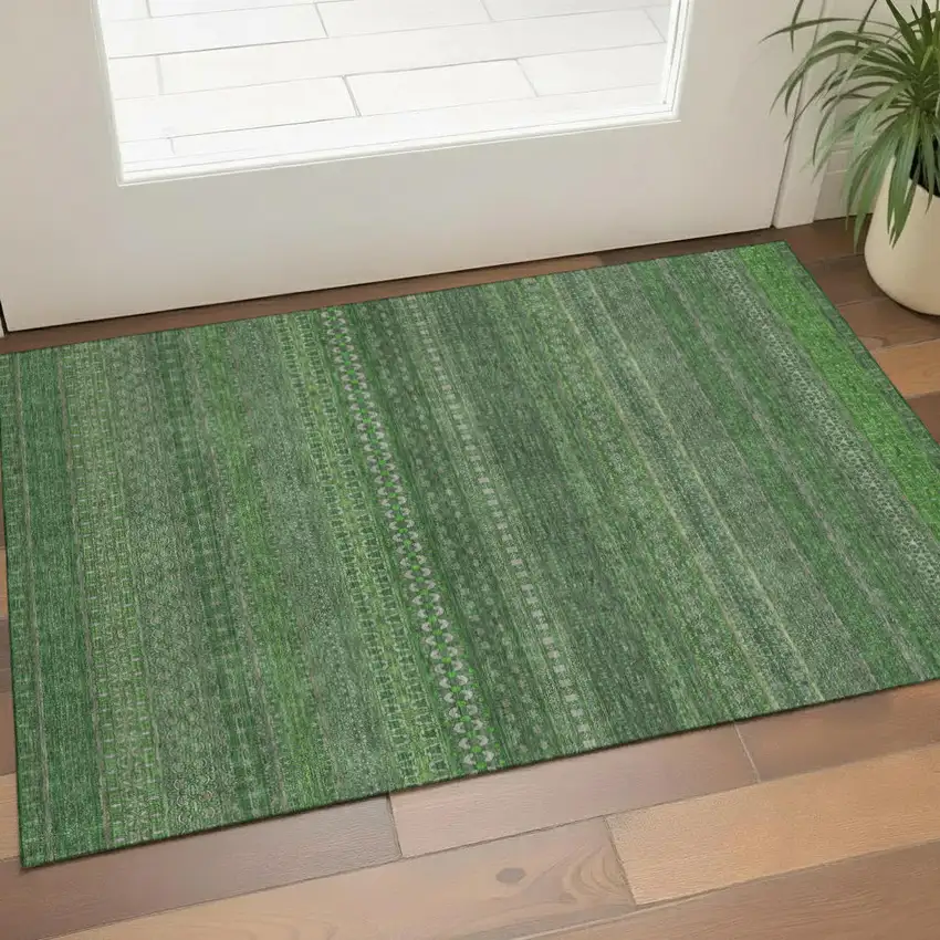 Fern Green And Ivory Striped Washable Area Rug With UV Protection Photo 1