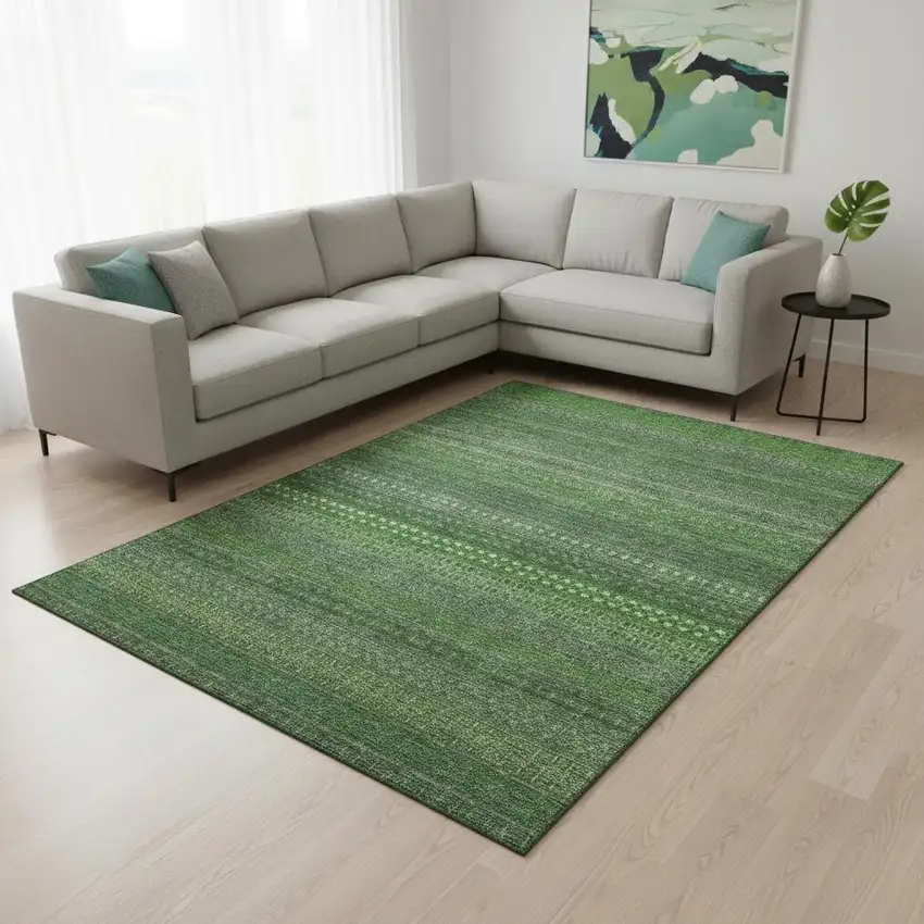 Fern Green And Ivory Striped Washable Area Rug With UV Protection Photo 1