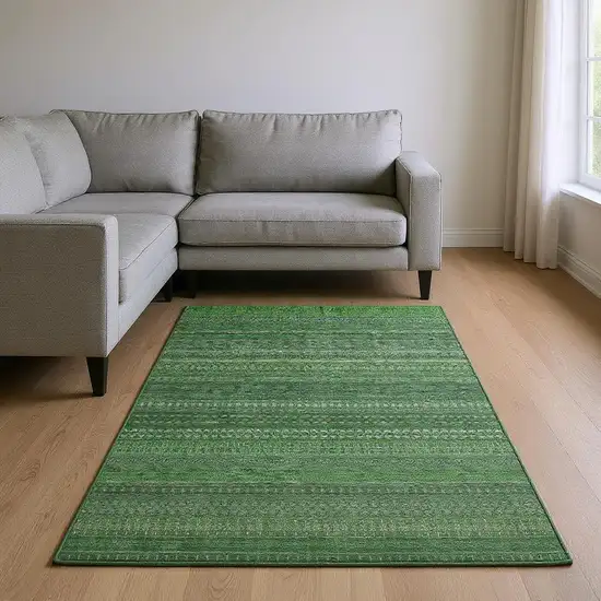 Fern Green And Ivory Striped Washable Area Rug With UV Protection Photo 2