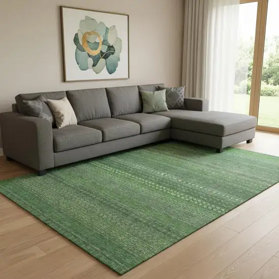 Fern Green And Ivory Striped Washable Area Rug With UV Protection Photo 1