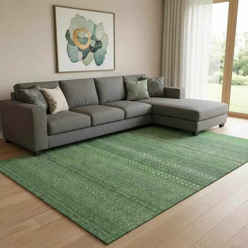 Fern Green And Ivory Striped Washable Area Rug With UV Protection Photo 1