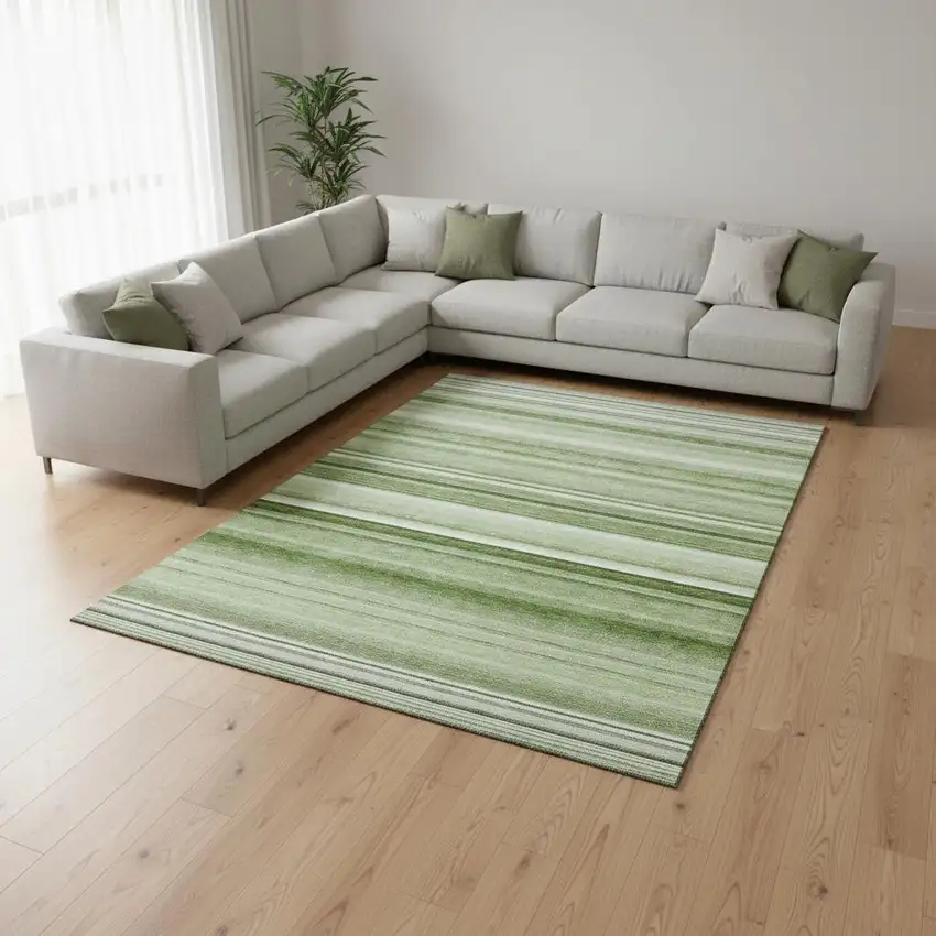 Fern Green And Ivory Striped Washable Area Rug With UV Protection Photo 1