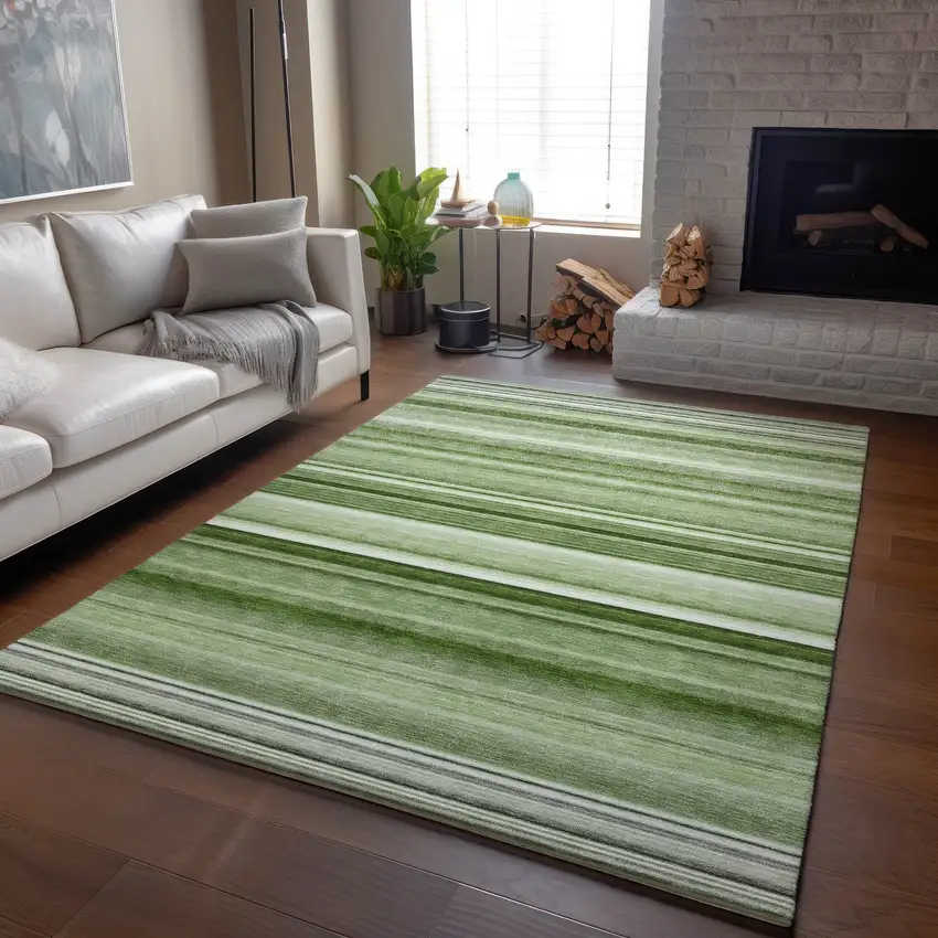 Fern Green And Ivory Striped Washable Area Rug With UV Protection Photo 5