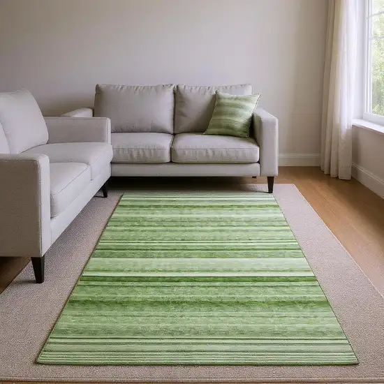 Fern Green And Ivory Striped Washable Area Rug With UV Protection Photo 2