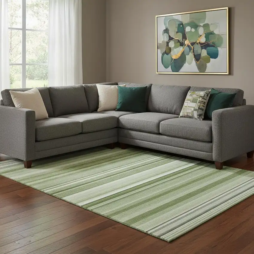 Fern Green And Ivory Striped Washable Area Rug With UV Protection Photo 1