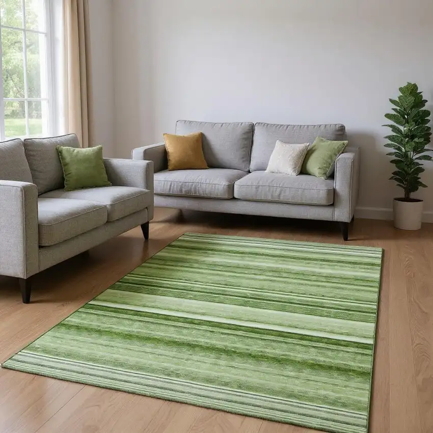 Fern Green And Ivory Striped Washable Area Rug With UV Protection Photo 2