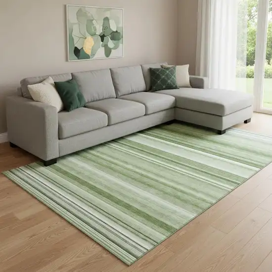 Fern Green And Ivory Striped Washable Area Rug With UV Protection Photo 1
