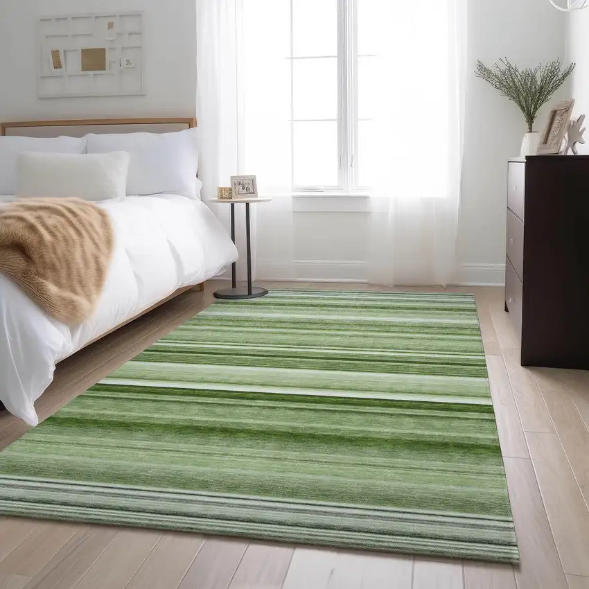 Fern Green And Ivory Striped Washable Area Rug With UV Protection Photo 4