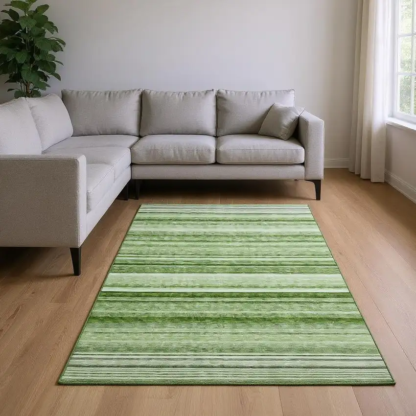 Fern Green And Ivory Striped Washable Area Rug With UV Protection Photo 2