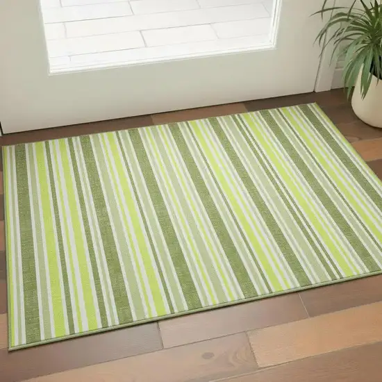 Fern Green And Ivory Striped Washable Area Rug With UV Protection Photo 2