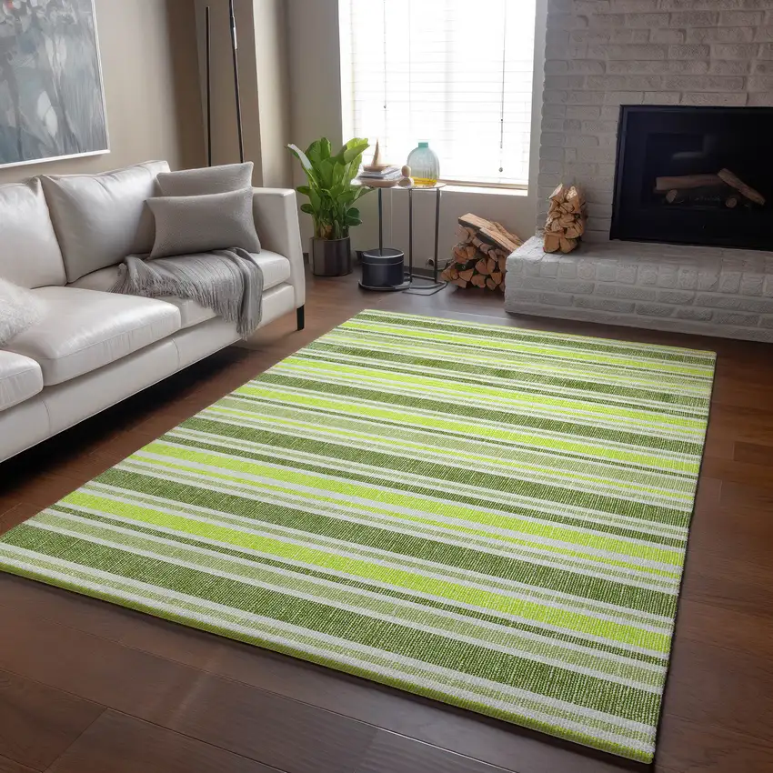 Fern Green And Ivory Striped Washable Area Rug With UV Protection Photo 5