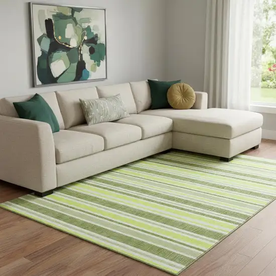 Fern Green And Ivory Striped Washable Area Rug With UV Protection Photo 1