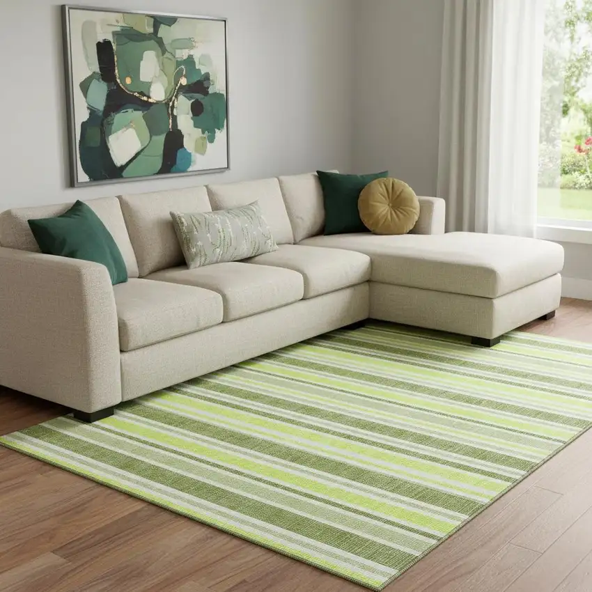 Fern Green And Ivory Striped Washable Area Rug With UV Protection Photo 1