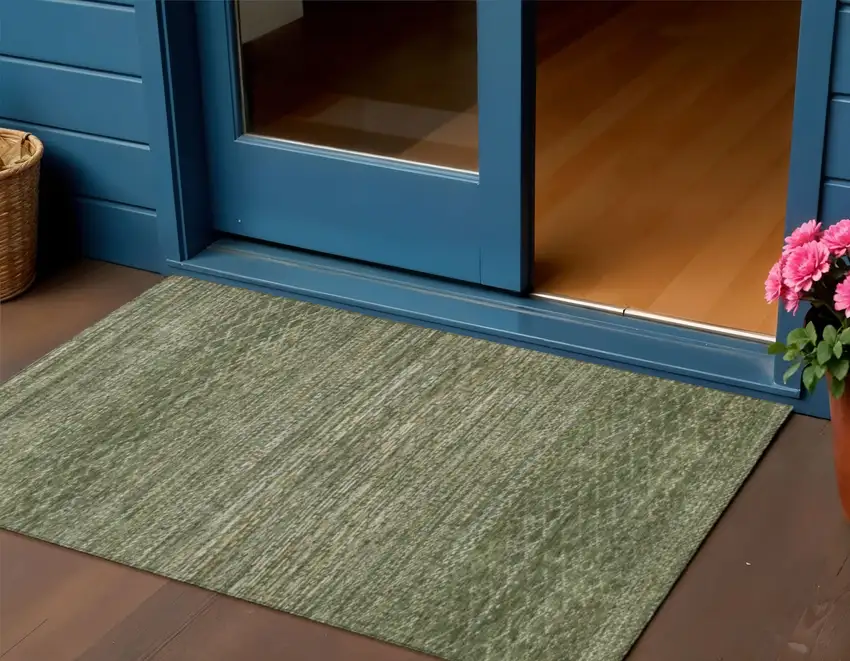 Fern Green And Ivory Striped Washable Indoor Outdoor Area Rug Photo 2