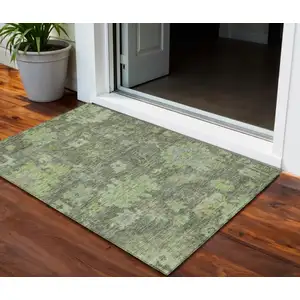 Photo of Fern Green And Olive Green Floral Washable Indoor Outdoor Area Rug