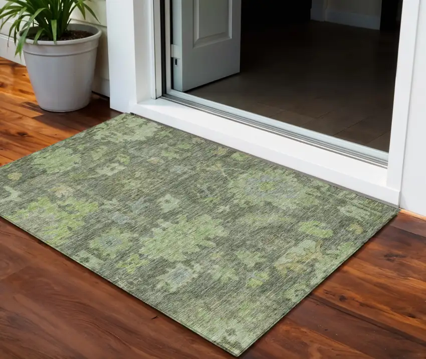 Fern Green And Olive Green Floral Washable Indoor Outdoor Area Rug Photo 1