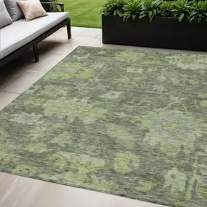 Photo of Fern Green And Olive Green Floral Washable Indoor Outdoor Area Rug
