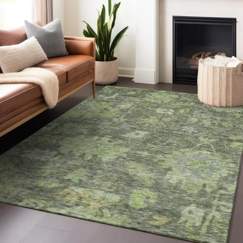 Fern Green And Olive Green Floral Washable Indoor Outdoor Area Rug Photo 8