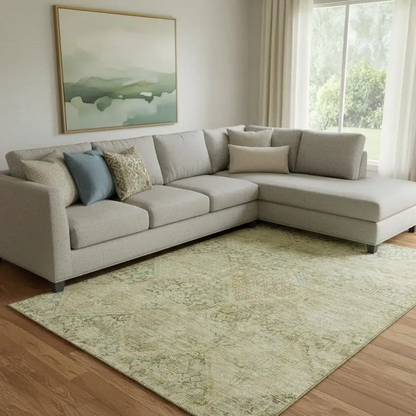 Fern Green And Olive Green Geometric Washable Area Rug With UV Protection Photo 2