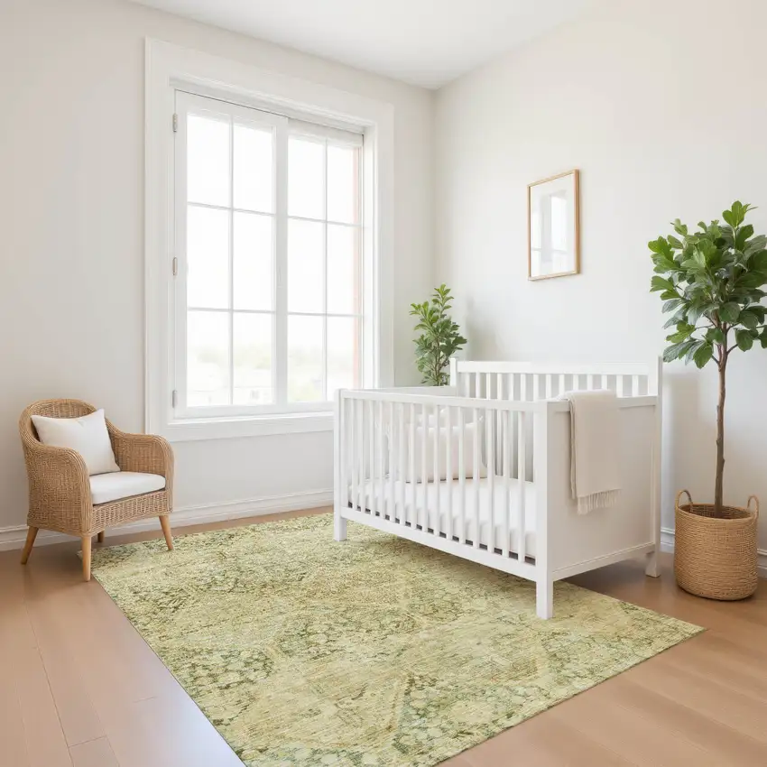 Fern Green And Olive Green Geometric Washable Area Rug With UV Protection Photo 5