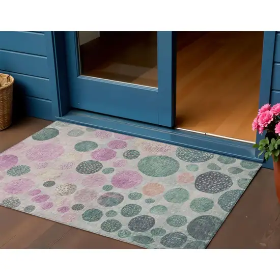 Fern Green And Pink Geometric Washable Indoor Outdoor Area Rug Photo 2