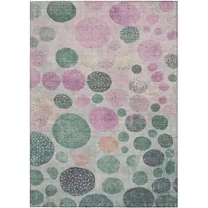 Photo of Fern Green And Pink Geometric Washable Indoor Outdoor Area Rug
