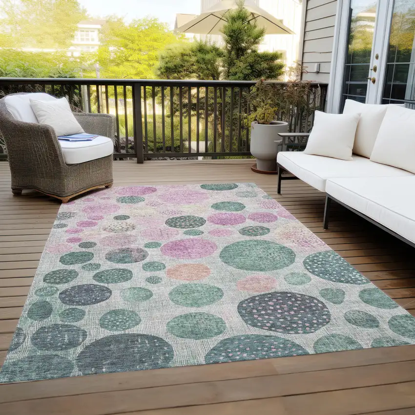Fern Green And Pink Geometric Washable Indoor Outdoor Area Rug Photo 8