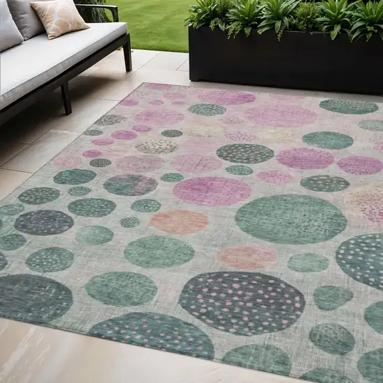 Fern Green And Pink Geometric Washable Indoor Outdoor Area Rug Photo 2