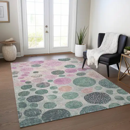 Fern Green And Pink Geometric Washable Indoor Outdoor Area Rug Photo 6