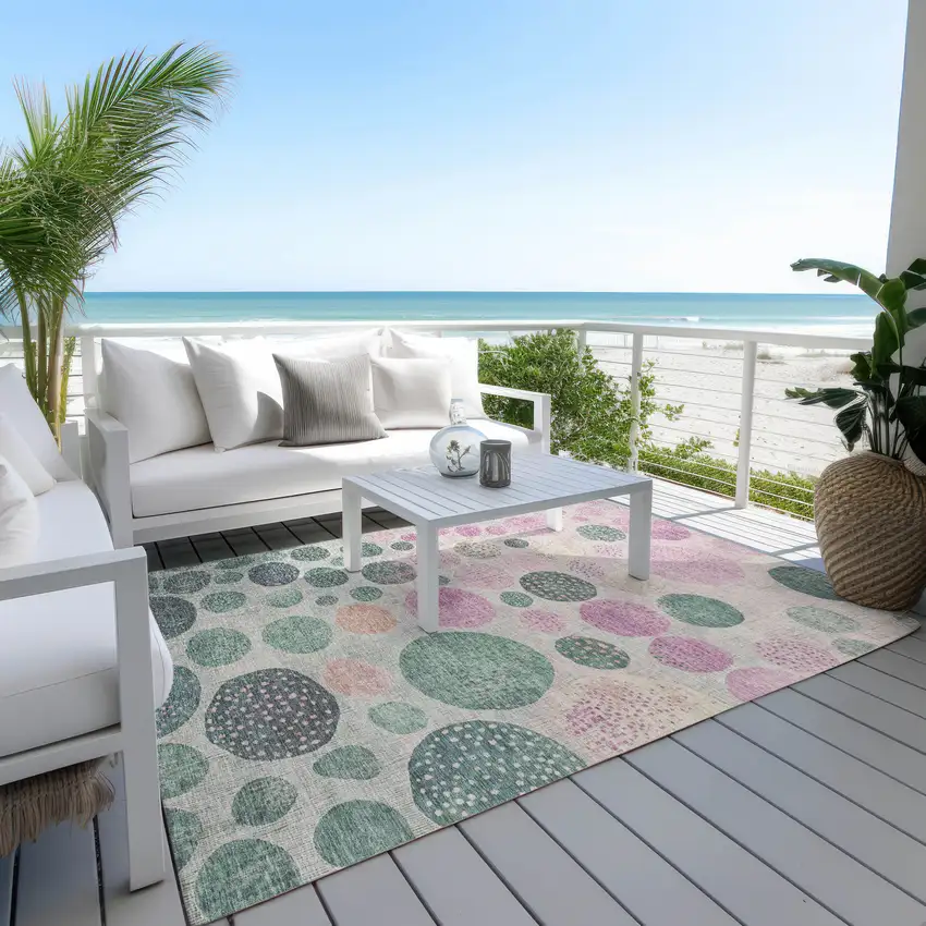 Fern Green And Pink Geometric Washable Indoor Outdoor Area Rug Photo 4