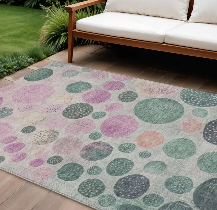 Fern Green And Pink Geometric Washable Indoor Outdoor Area Rug Photo 2