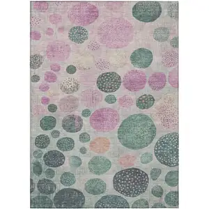 Photo of Fern Green And Pink Geometric Washable Indoor Outdoor Area Rug