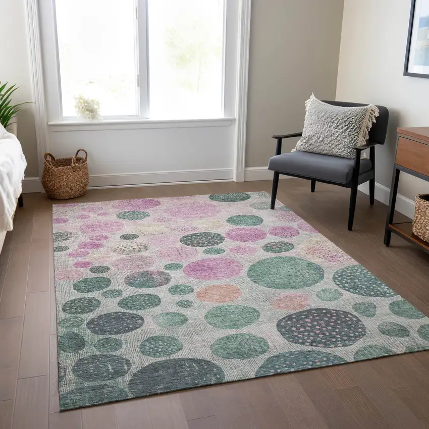 Fern Green And Pink Geometric Washable Indoor Outdoor Area Rug Photo 7
