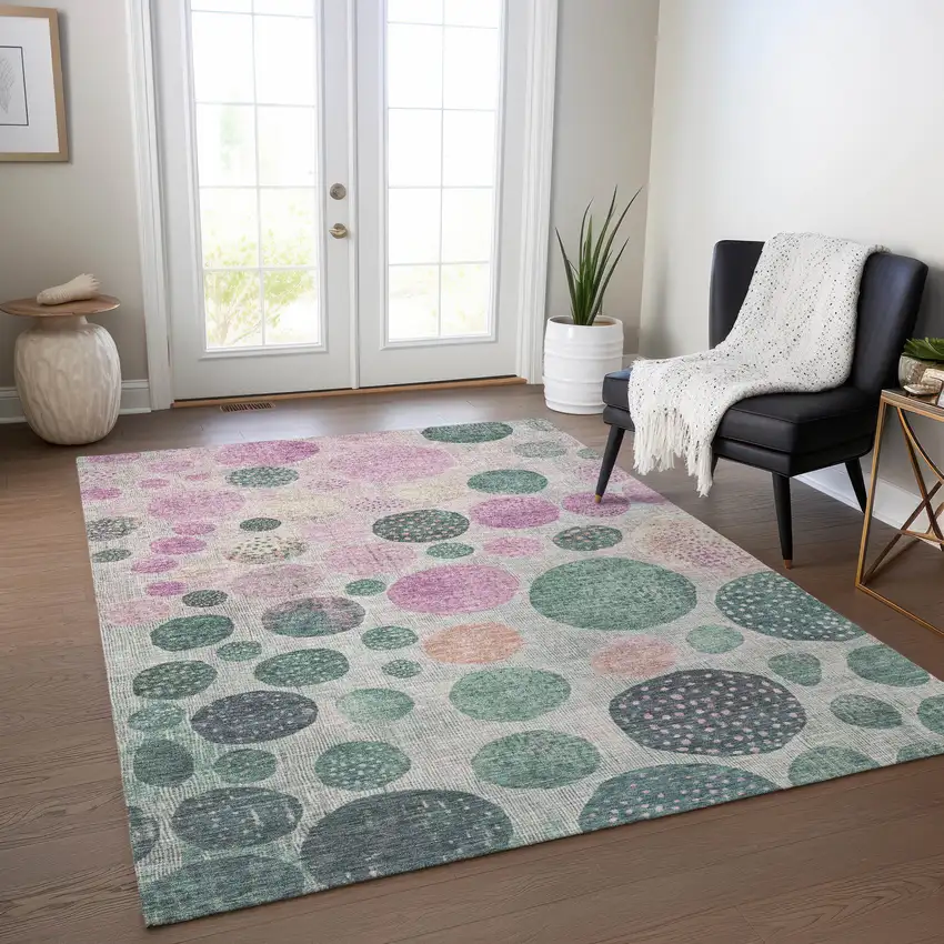 Fern Green And Pink Geometric Washable Indoor Outdoor Area Rug Photo 6