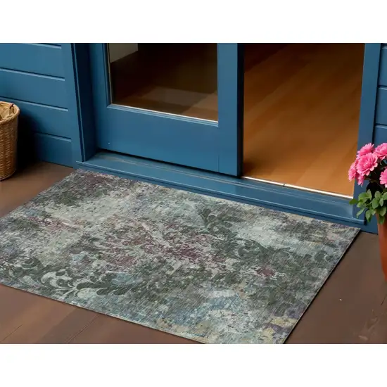 Fern Green And Purple Damask Washable Indoor Outdoor Area Rug Photo 1