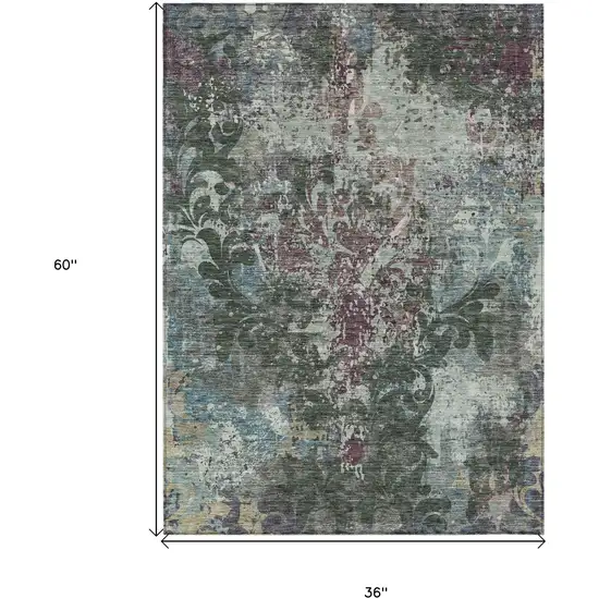 Fern Green And Purple Damask Washable Indoor Outdoor Area Rug Photo 3