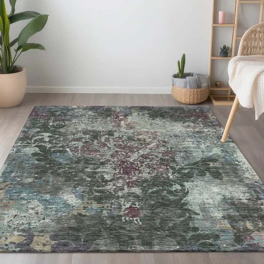 Fern Green And Purple Damask Washable Indoor Outdoor Area Rug Photo 9