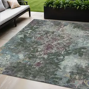 Photo of Fern Green And Purple Damask Washable Indoor Outdoor Area Rug