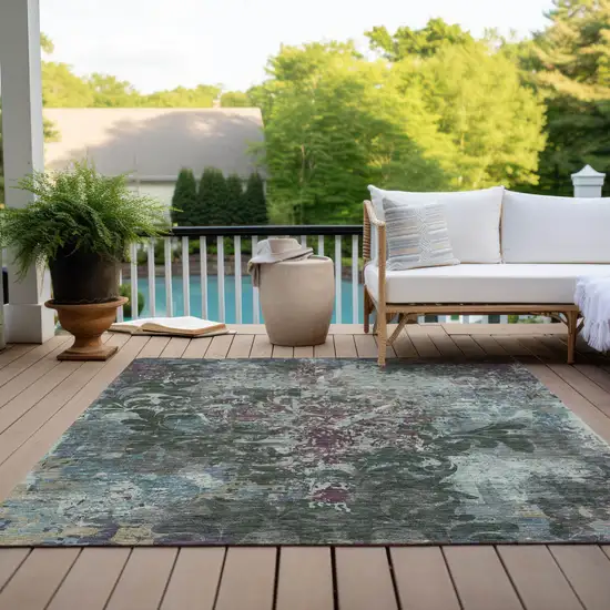 Fern Green And Purple Damask Washable Indoor Outdoor Area Rug Photo 9