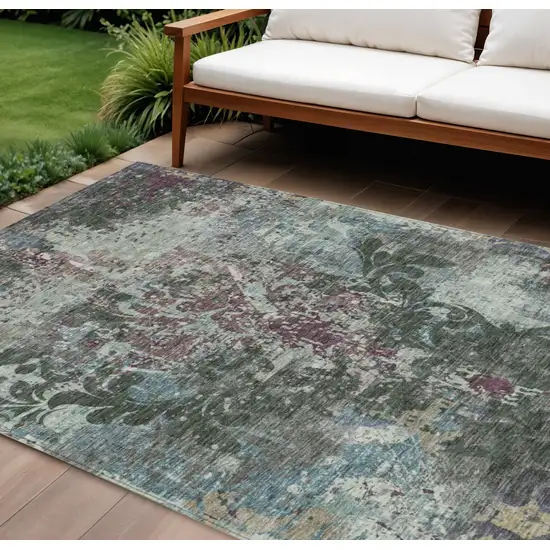 Fern Green And Purple Damask Washable Indoor Outdoor Area Rug Photo 1