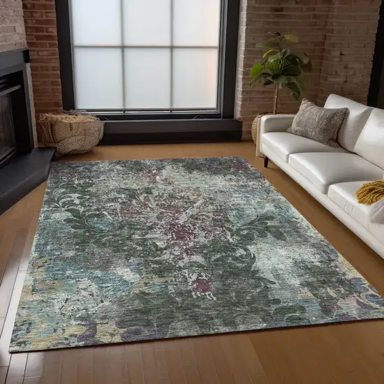 Fern Green And Purple Damask Washable Indoor Outdoor Area Rug Photo 9