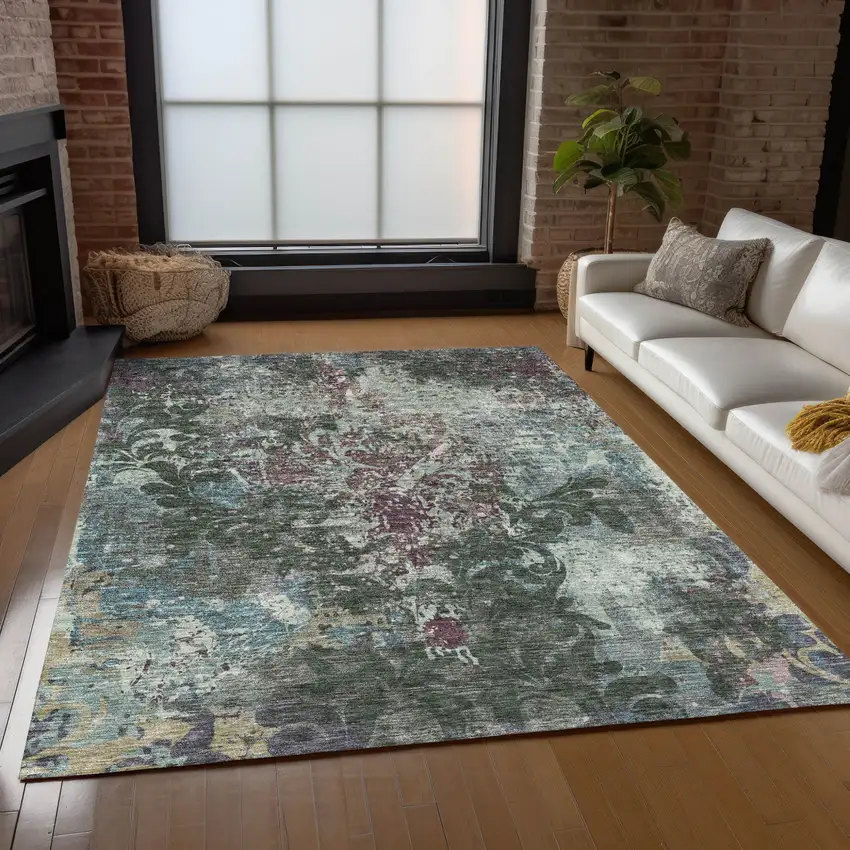 Fern Green And Purple Damask Washable Indoor Outdoor Area Rug Photo 9