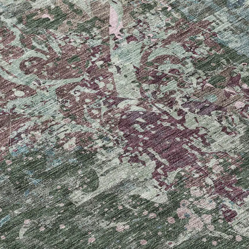 Fern Green And Purple Damask Washable Indoor Outdoor Area Rug Photo 5